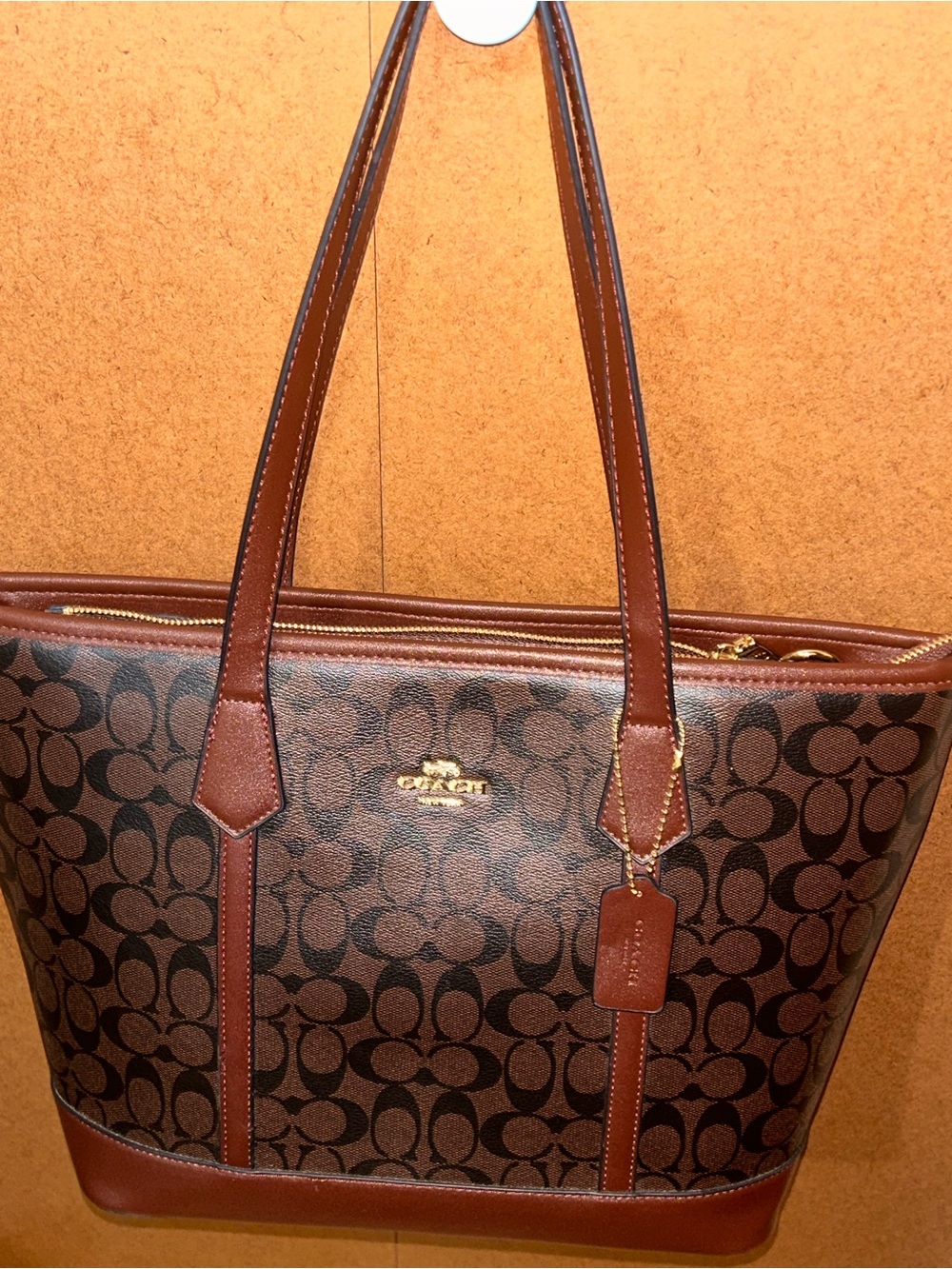 Coach Brown Signature Monogram Tote with Leather Trim